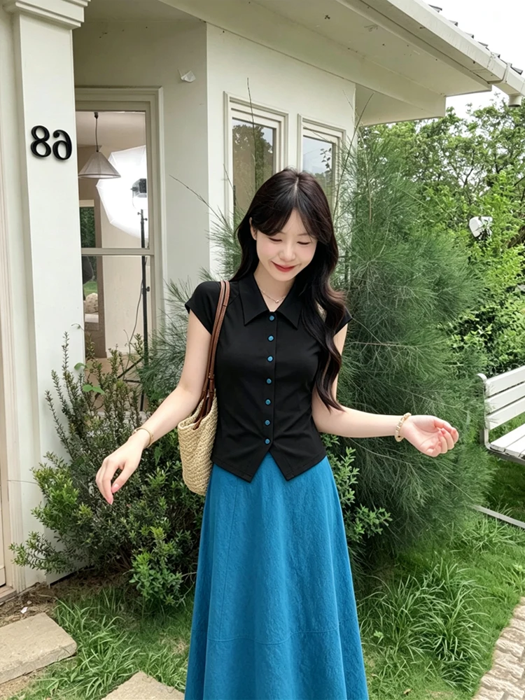 Summer 2026 Women's Fashionable Korean Style Button up Slim Fit Short Sleeve T-Shirt And High Waist Skirt Set Casual Wear
Summer 2026 Women's Fashionable Korean Style Button up Slim Fit Short Sleeve T-Shirt And High Waist Skirt Set Casual Wear