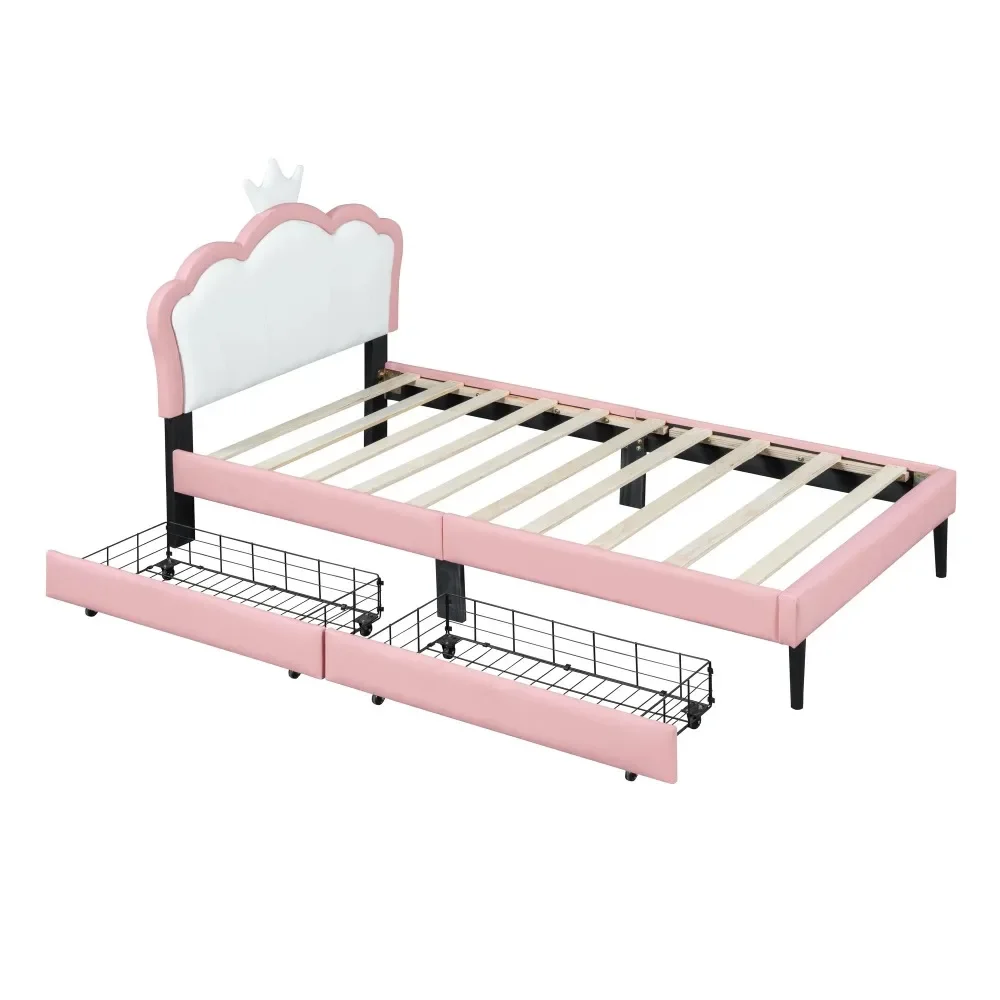 Upholstered Princess Bed with Crown Headboard, Twin Beds for Girls, Twin Size Upholstered Platform Bed with 2 Storage Drawers
Upholstered Princess Bed with Crown Headboard, Twin Beds for Girls, Twin Size Upholstered Platform Bed with 2 Storage Drawers
