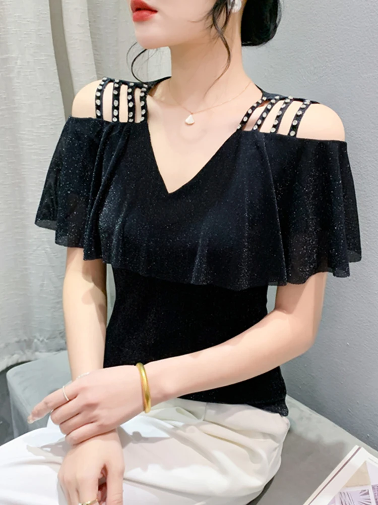 Sexy V-Ne oulder Bared Me Sve Top Women Summer Faion Pearl Embellied Lace ort Sve T-irt Street Sle Slim...
Sexy V-Ne oulder Bared Me Sve Top Women Summer Faion Pearl Embellied Lace ort Sve T-irt Street Sle Slim...