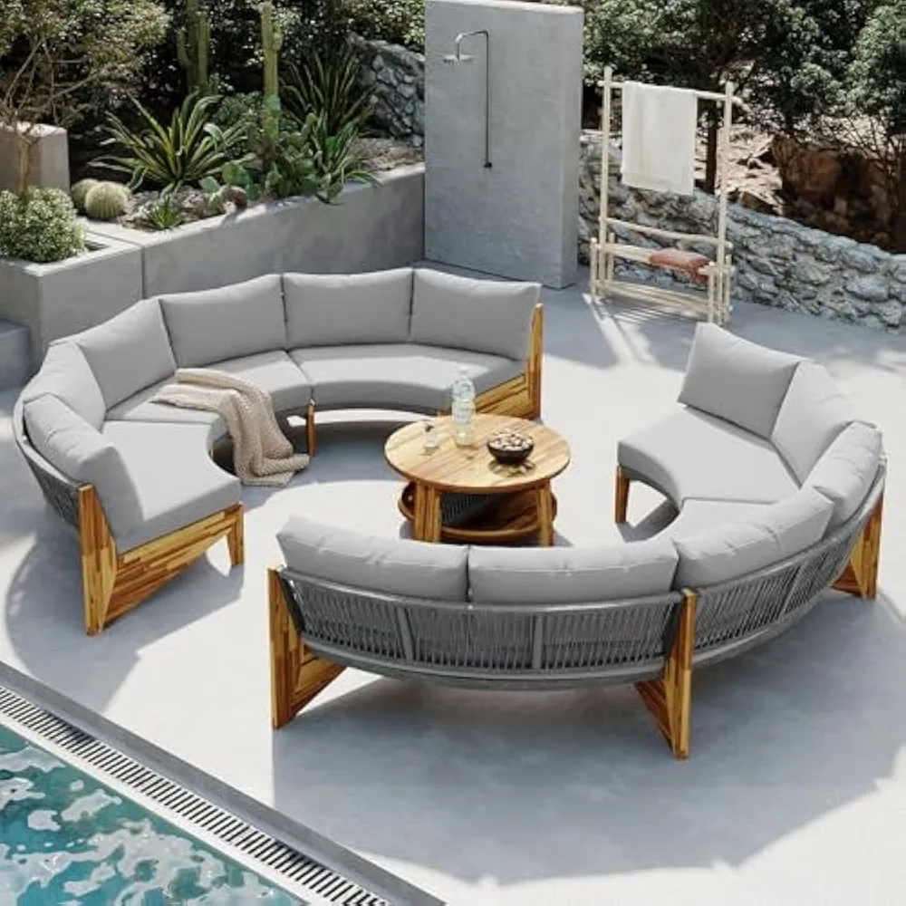6-Person Outdoor Round Sectional Sofa Set,All-Weather Patio Conversation Sofa Set with Backrest and Cushions,Wood Seating Group 
6-Person Outdoor Round Sectional Sofa Set,All-Weather Patio Conversation Sofa Set with Backrest and Cushions,Wood Seating Group