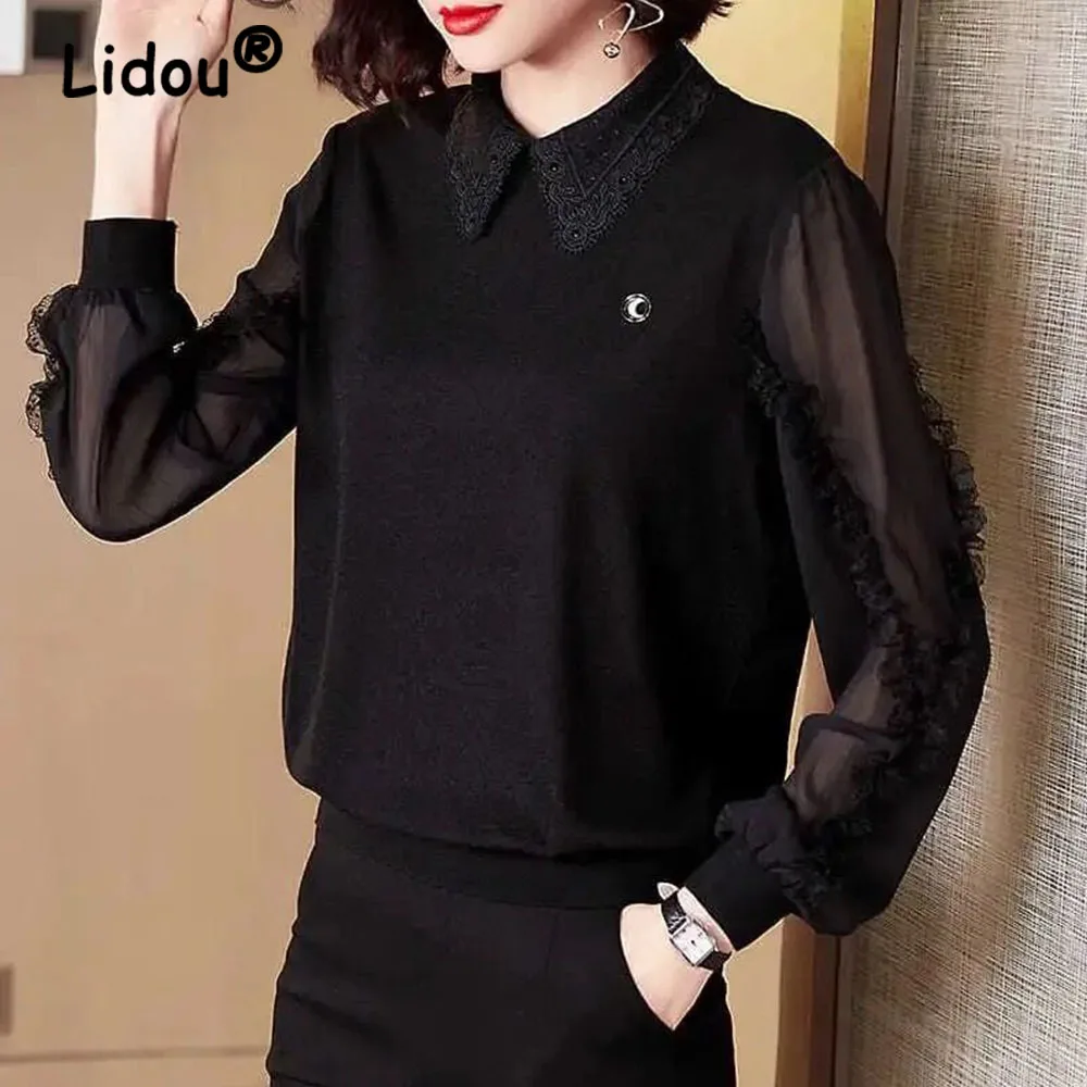 Women's Spring Summer Chiffon Blouses Gauze Lace Lacework Long Sleeve Vintage Shirt 5XL Lapel Black Fashion Women Pullovers 2022
Women's Spring Summer Chiffon Blouses Gauze Lace Lacework Long Sleeve Vintage Shirt 5XL Lapel Black Fashion Women Pullovers 2022