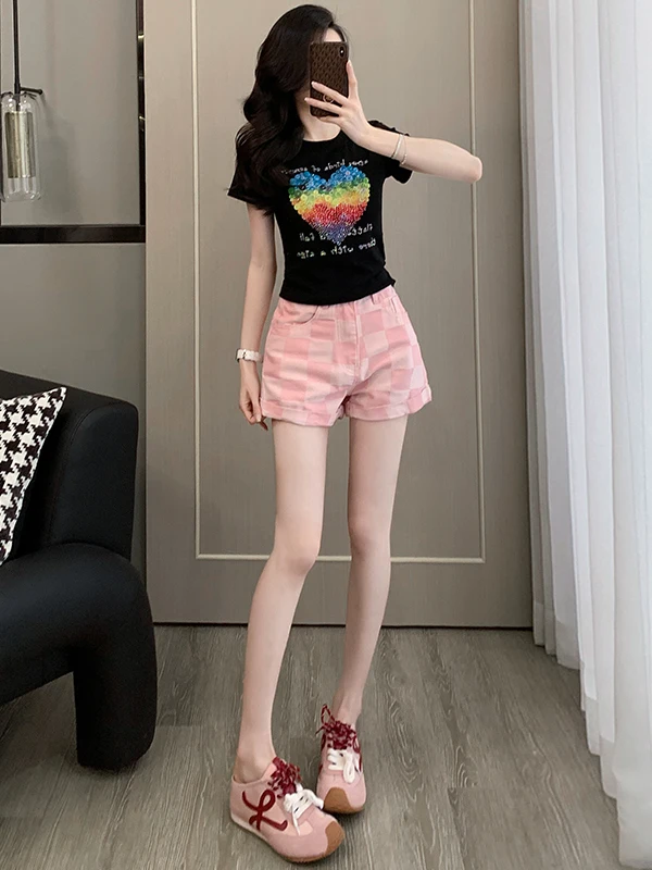 Slim Fit Summer Women's Black Short Sleeve T-Shirt Pink Denim Shorts Two-Piece Set Casual Sportswear Cotton round Neck Overhead
Slim Fit Summer Women's Black Short Sleeve T-Shirt Pink Denim Shorts Two-Piece Set Casual Sportswear Cotton round Neck Overhead