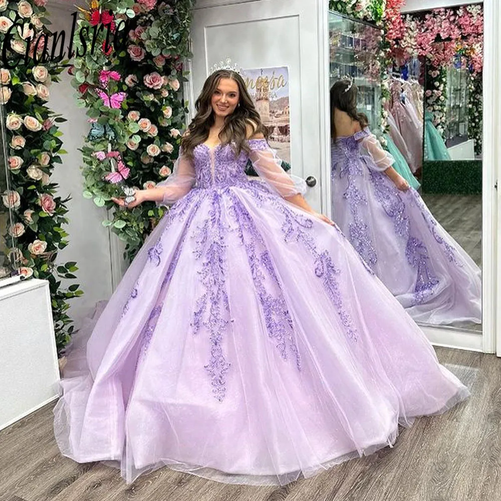 Lilac Long Sleeve Appliques Lace Quinceanera Dresses Ball Gown Off The Shoulder Sweet 15 Vestidos De XV Años
Lilac Long Sleeve Appliques Lace Quinceanera Dresses Ball Gown Off The Shoulder Sweet 15 Vestidos De XV Años