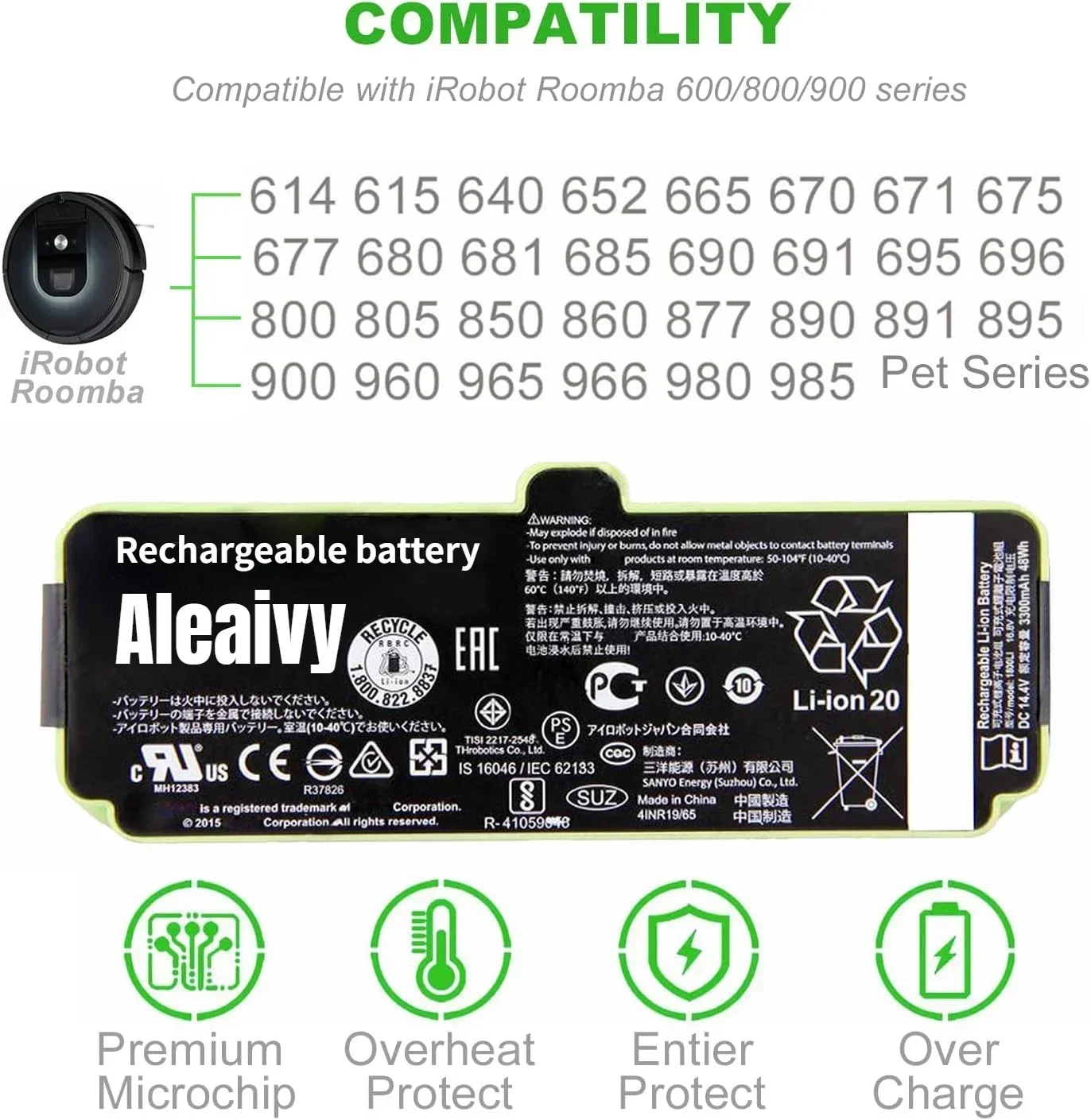 Upgraded Replacement 1800LI 6500LI Battery for IRobot Roomba 655 690 780 805 860 880 890 960 601 760 980 Sweeping Robot Battery
Upgraded Replacement 1800LI 6500LI Battery for IRobot Roomba 655 690 780 805 860 880 890 960 601 760 980 Sweeping Robot Battery