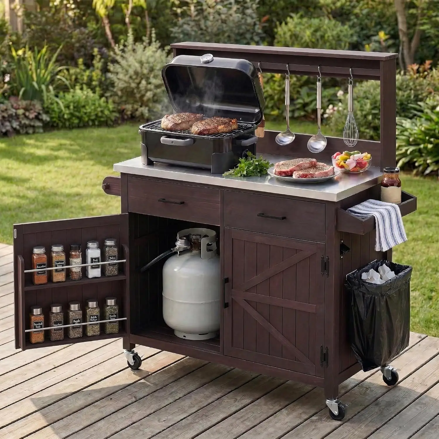 Outdoor Grill Cart with High Shelf, 54.1" Heavy Duty Potting Bench Table with Stainless Steel Top & Storage, Solid Wood BBQ Prep
Outdoor Grill Cart with High Shelf, 54.1" Heavy Duty Potting Bench Table with Stainless Steel Top & Storage, Solid Wood BBQ Prep