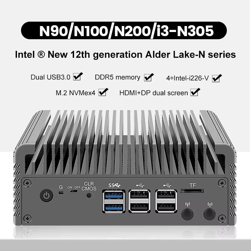 Topton 2.5G LAN Firewall NAS Fanless Mini PC Intel Core i3 N305 N100 DDR5 2xNVMe 4x i226-V 8xUSB Proxmox Host Homelab Server
Topton 2.5G LAN Firewall NAS Fanless Mini PC Intel Core i3 N305 N100 DDR5 2xNVMe 4x i226-V 8xUSB Proxmox Host Homelab Server