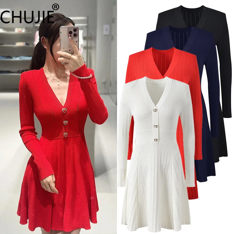 Women's French Heart Buckle Dress 2025 - Socialite Elegant V-Neck, Slim Fit Knit Dress, Timeless Chic Style
Women's French Heart Buckle Dress 2025 - Socialite Elegant V-Neck, Slim Fit Knit Dress, Timeless Chic Style