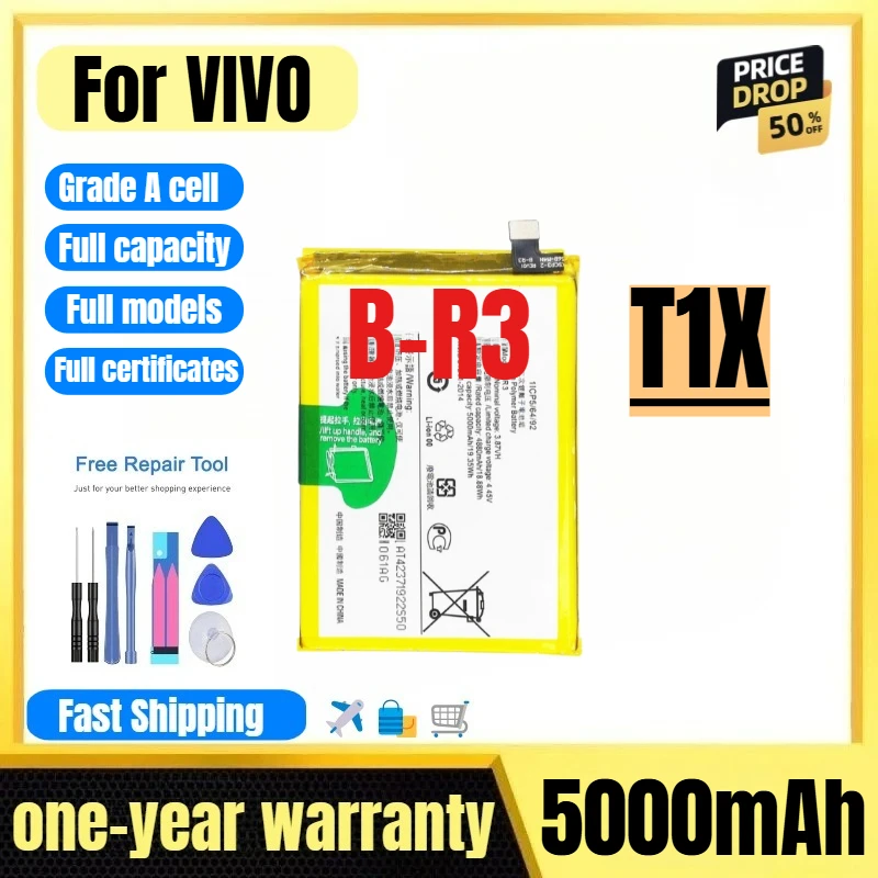 B-R3 for VIVO T1X Mobile Phone Battery 0 Cycle High Quality High Capacity Battery Replacement Bateria Grade A Cell with Tools
B-R3 for VIVO T1X Mobile Phone Battery 0 Cycle High Quality High Capacity Battery Replacement Bateria Grade A Cell with Tools