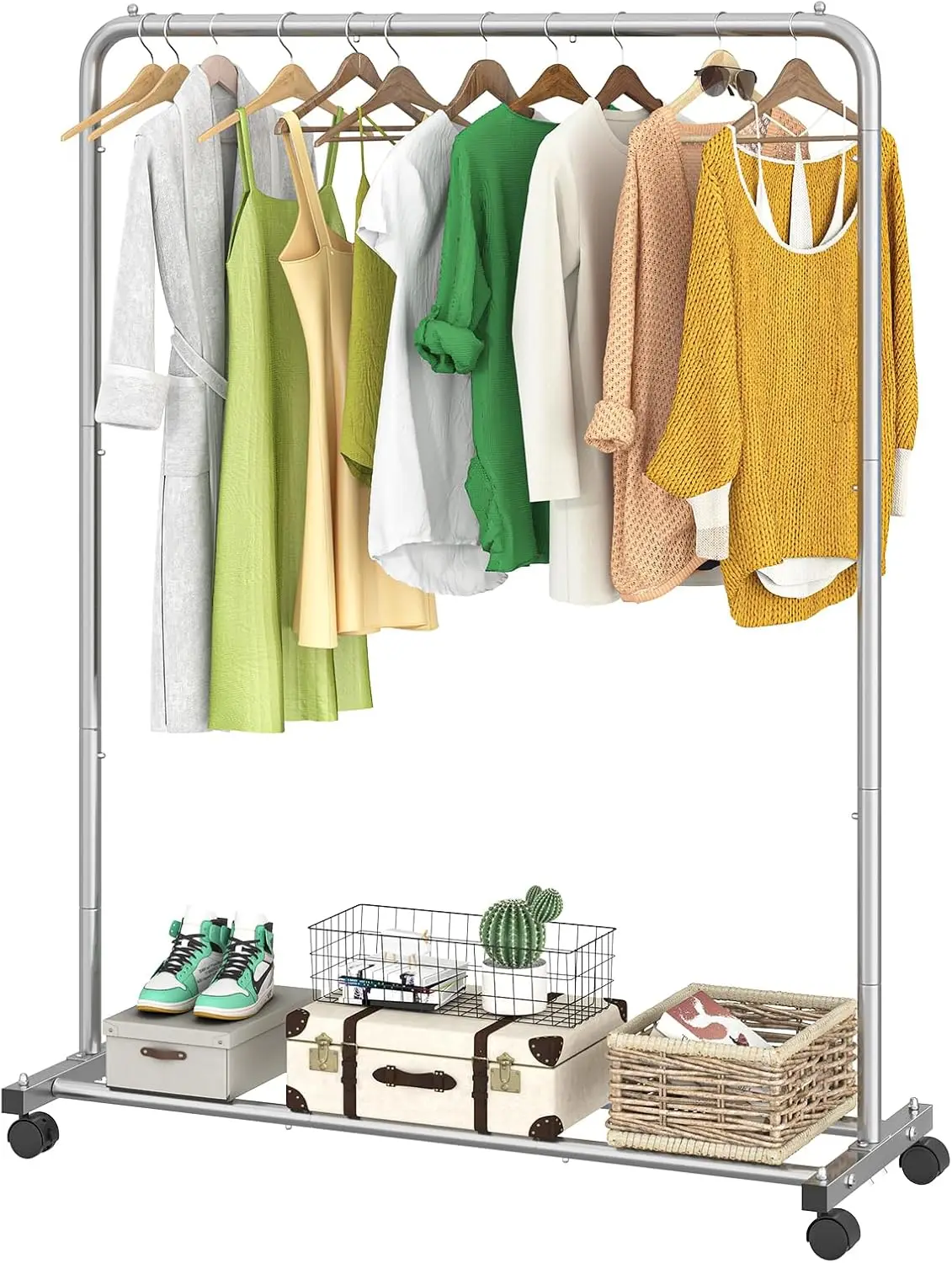 Standard Clothes Clothing Garment Rack with Storage Shelves, Rolling Clothes Organizer on Wheels for Hanging Clothes, Silver
Standard Clothes Clothing Garment Rack with Storage Shelves, Rolling Clothes Organizer on Wheels for Hanging Clothes, Silver
