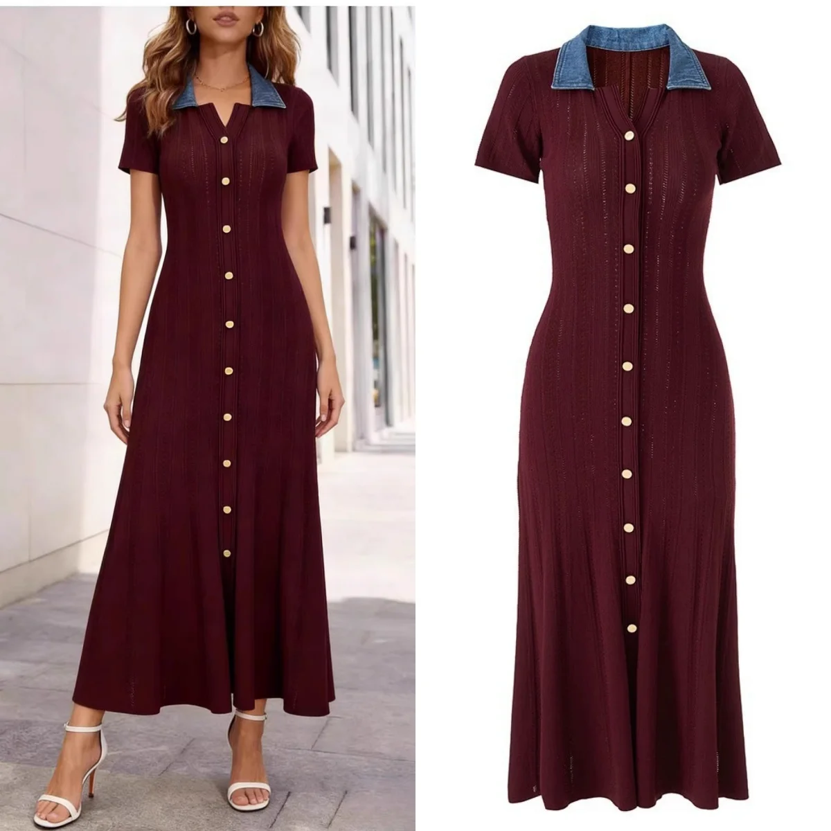 European And American Denim Patchwork V-Neck Dress For Women, 2026 Summer New Slim Fit Short Sleeved Slit Knit Dress
European And American Denim Patchwork V-Neck Dress For Women, 2026 Summer New Slim Fit Short Sleeved Slit Knit Dress