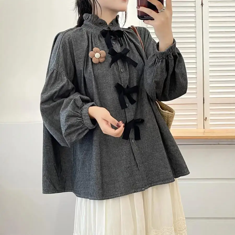 Japanese Sweet Mori Girl Vintage Bow Cotton Doll Shirts Women Spring Autumn Stand Collar Long Sleeve Casual Loose Blouse Tops
Japanese Sweet Mori Girl Vintage Bow Cotton Doll Shirts Women Spring Autumn Stand Collar Long Sleeve Casual Loose Blouse Tops