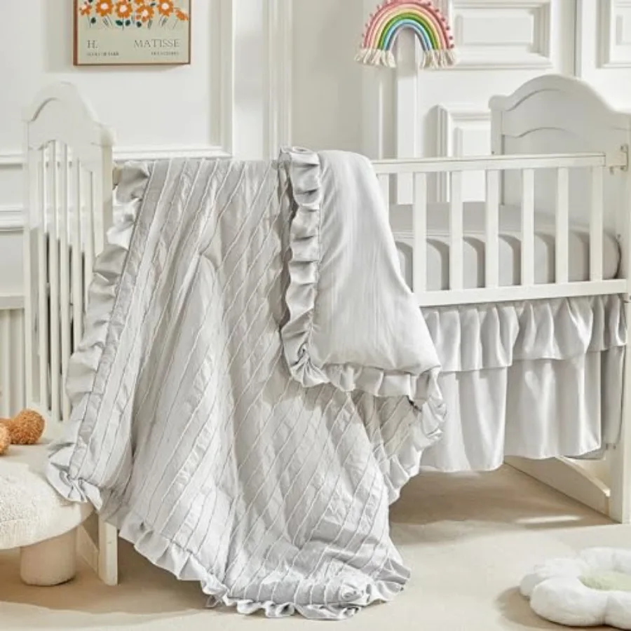 3 Pieces Tufted Stripes Crib Bedding Set with Ruffle Fringe Ruffled Comforter with Fitted Sheet and Bed Skirt Soft and Embroide
3 Pieces Tufted Stripes Crib Bedding Set with Ruffle Fringe Ruffled Comforter with Fitted Sheet and Bed Skirt Soft and Embroide