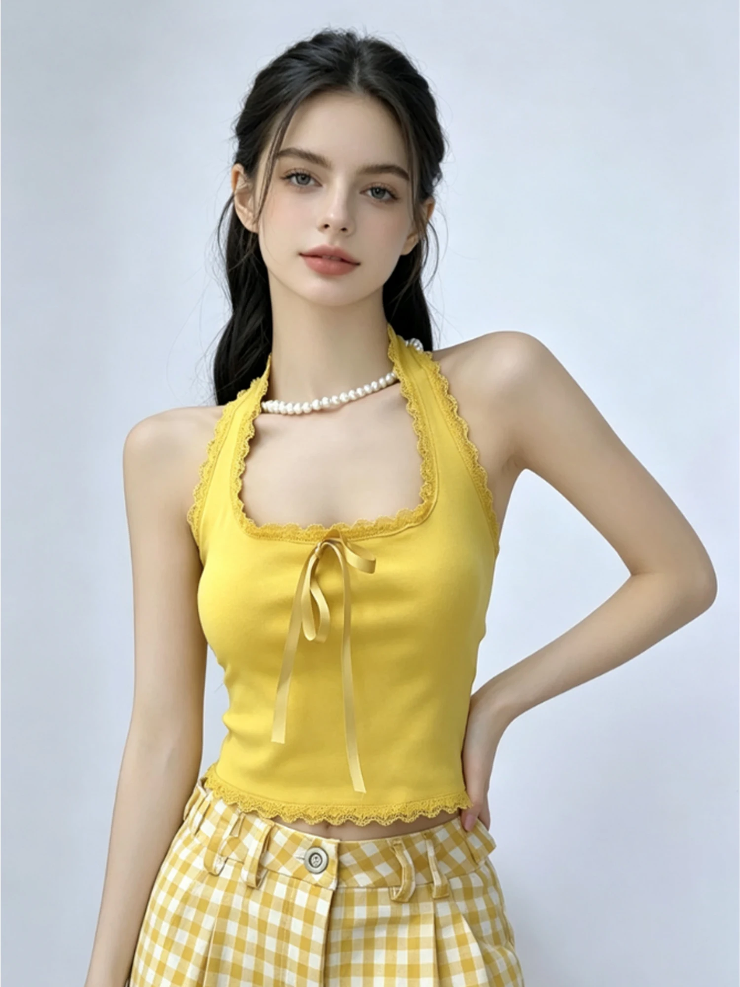 Women's Yellow Halter Cami Top Vintage Y2K Gyaru Camisole Bow Lace Patchwork Sexy Off Shoulder Halter Tank Top for Women Summer
Women's Yellow Halter Cami Top Vintage Y2K Gyaru Camisole Bow Lace Patchwork Sexy Off Shoulder Halter Tank Top for Women Summer