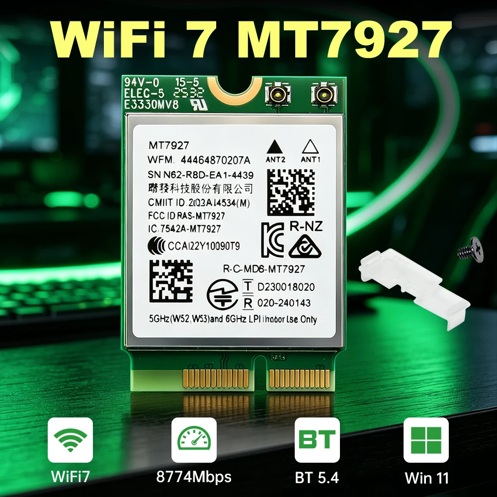 WiFi 7 M.2 Wireless Network Adapter MT7927 8774Mbps Bluetooth 5.4 802.11be for Laptop Desktop Windows 11 Linux
WiFi 7 M.2 Wireless Network Adapter MT7927 8774Mbps Bluetooth 5.4 802.11be for Laptop Desktop Windows 11 Linux
