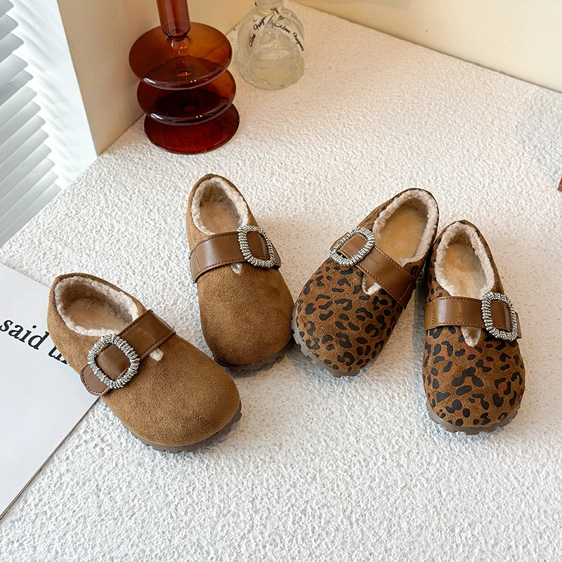 Детская хлопковая обувь, теплая пушистая зимняя обувь для девочек, трендовая классическая детская модная уличная плюшевая обувь с леопардовым принтом