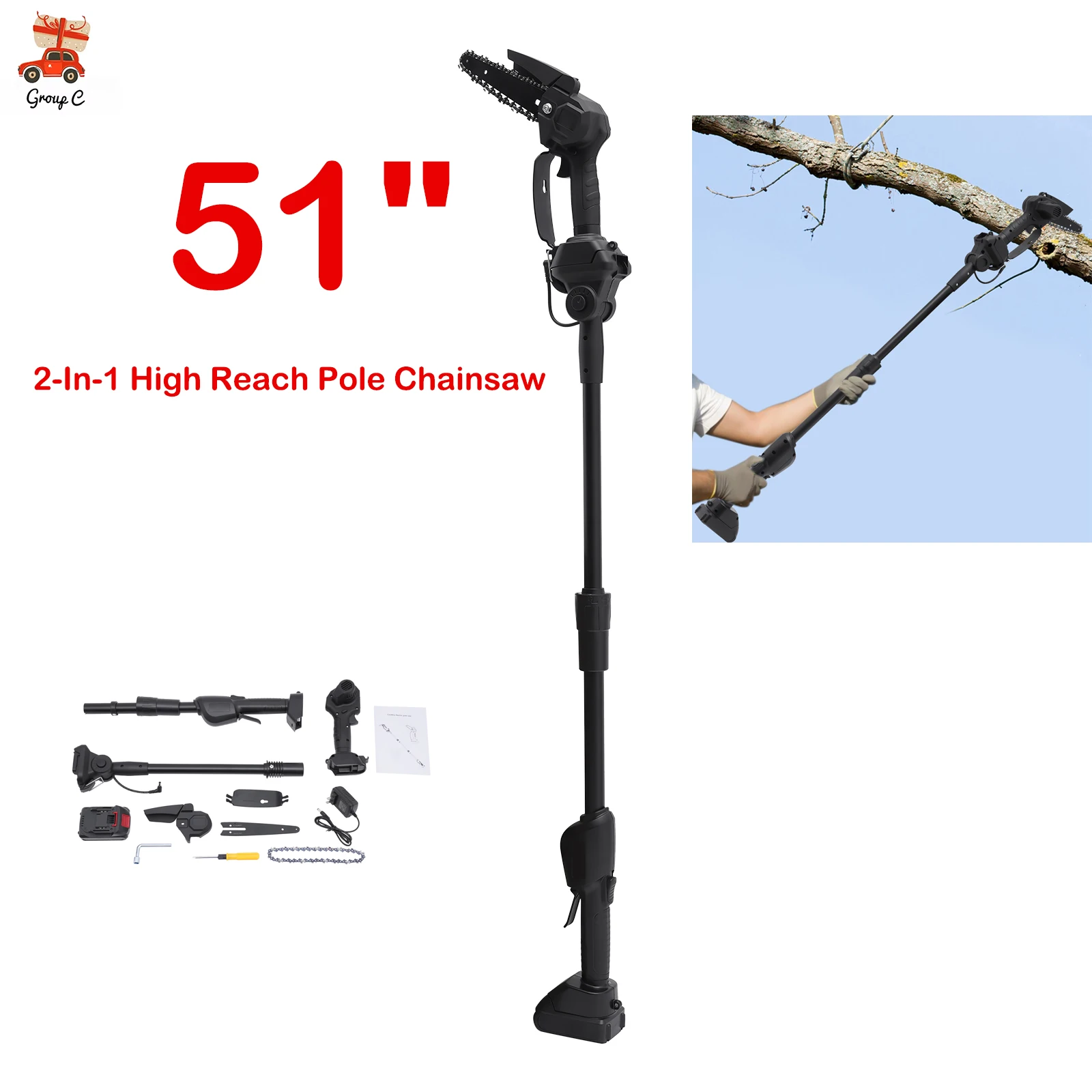 2-In-1 High Reach Pole Chainsaw for Tree Trimming and Garden Pruning Portable Electric Saw 51" Electric Cordless Pole Saw
2-In-1 High Reach Pole Chainsaw for Tree Trimming and Garden Pruning Portable Electric Saw 51" Electric Cordless Pole Saw