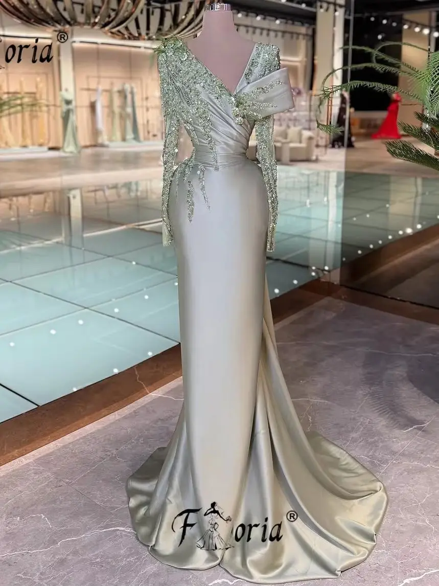 Elegant Green Mermaid Evening Dress Beaded Long Sleeves Satin Celebrity Party Gowns Wedding Prom Customized Robe de mariee 2025 
Elegant Green Mermaid Evening Dress Beaded Long Sleeves Satin Celebrity Party Gowns Wedding Prom Customized Robe de mariee 2025