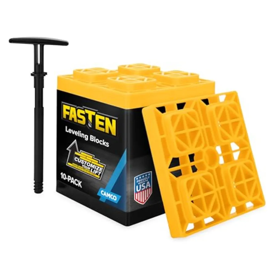 RV leveling blocks for outdoor use, yellow polypropylene, interlocking design with carrying handle twist-lock, 8.5 x 8.5 x 1, 1
RV leveling blocks for outdoor use, yellow polypropylene, interlocking design with carrying handle twist-lock, 8.5 x 8.5 x 1, 1