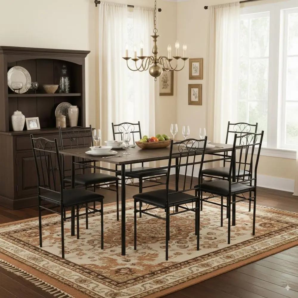 Rustic Brown Wood 7-Piece Dining Set with Black Metal, Industrial Style for Kitchen or Restaurant
Rustic Brown Wood 7-Piece Dining Set with Black Metal, Industrial Style for Kitchen or Restaurant