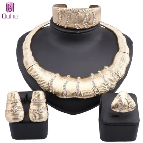 Women Dubai Gold Color Crystal Necklace Earring Ring Opening Bracelet Wedding Accessories Decoration Jewelry Set