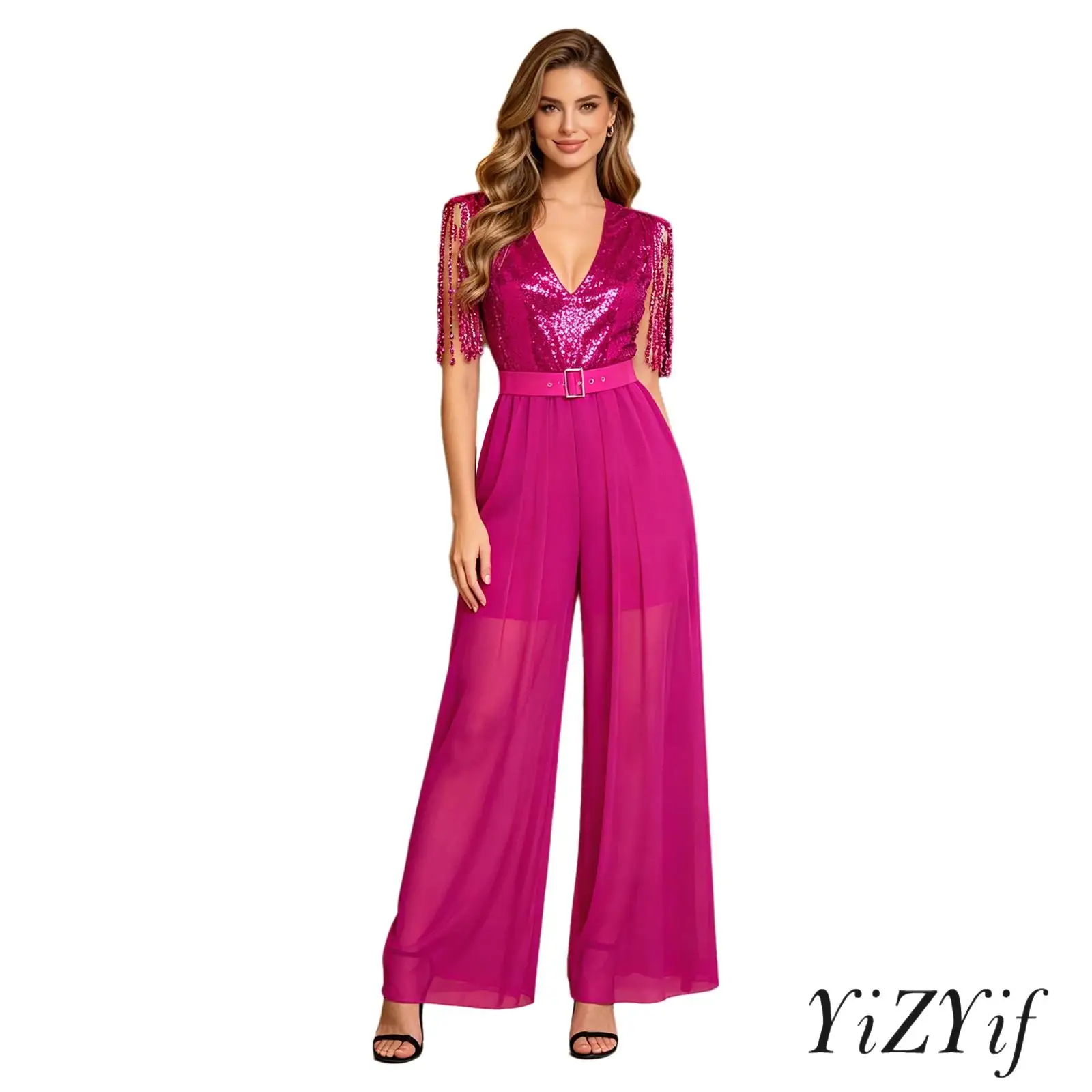 Women Glitter Jumpsuit Deep V Neck Sequined Bodice Shoulder Tassel Wide Leg Flowy Romper with Waist Belt for Prom Dance
Women Glitter Jumpsuit Deep V Neck Sequined Bodice Shoulder Tassel Wide Leg Flowy Romper with Waist Belt for Prom Dance