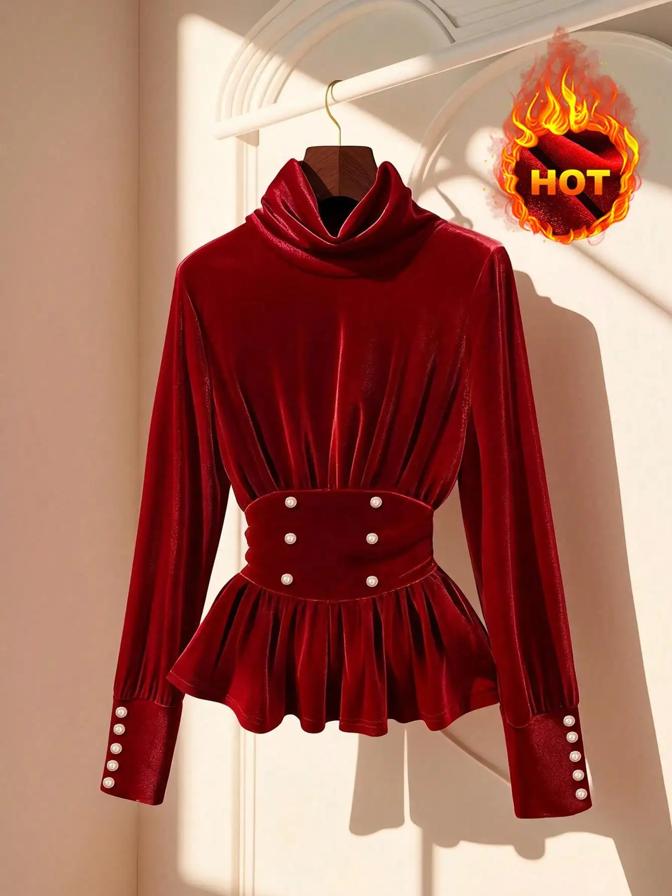 Женская красная бархатная блузка с воротником-стойкой, пэплумом и жемчужными пуговицами, элегантная блузка с длинными рукавами и зауженной талией
Женская красная бархатная блузка с воротником-стойкой, пэплумом и жемчужными пуговицами, элегантная блузка с длинными рукавами и зауженной талией