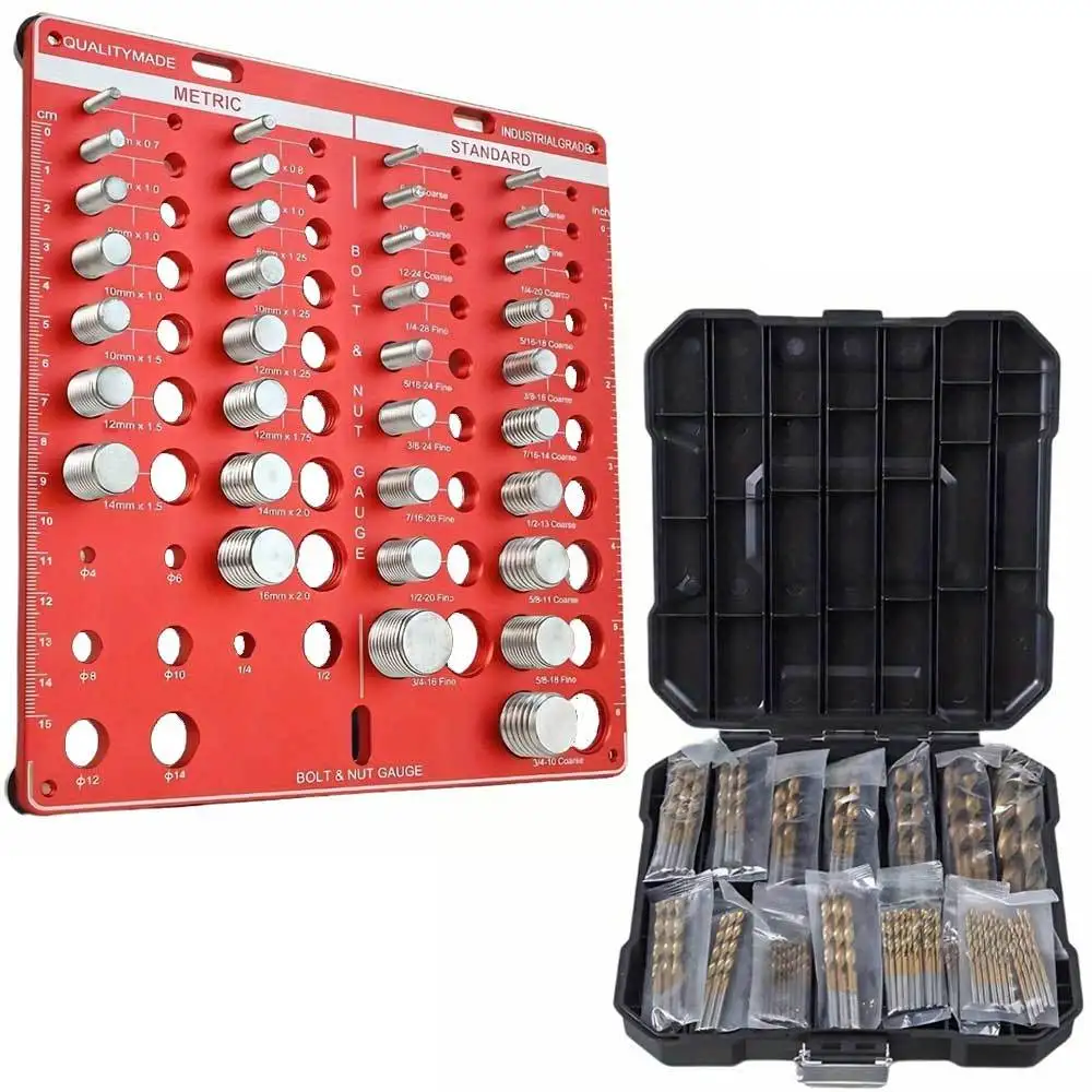 Nut & Bolt Thread Checker Gauge, Standard & Metric Sizes for Accurate Hardware Identification; Plus 99pcs HSS Titanium Drill Bit Set, 1.5-10mm Straight Shank for Wood, Metal & Plastic. Durable Precision Tool Kit for DIY, Home Renovation & Auto Repair
Nut & Bolt Thread Checker Gauge, Standard & Metric Sizes for Accurate Hardware Identification; Plus 99pcs HSS Titanium Drill Bit Set, 1.5-10mm Straight Shank for Wood, Metal & Plastic. Durable Precision Tool Kit for DIY, Home Renovation & Auto Repair