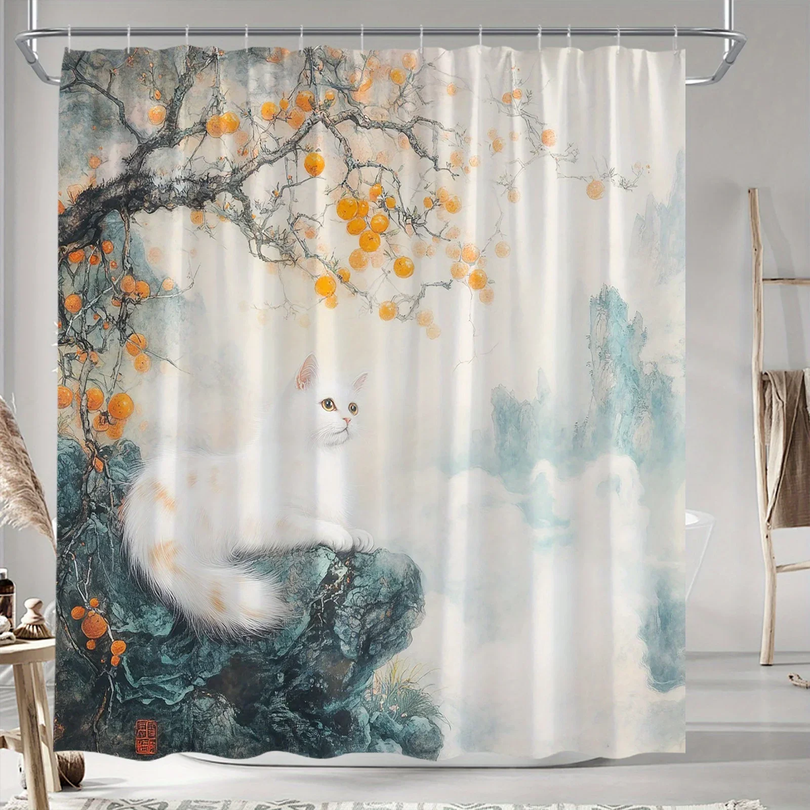 Белый кот с оранжевыми маркировками Занавеска для душа — Serene Cat on Rocky Ledge, Autumn Tree & Misty Landscape, Soft Muted Colors
Белый кот с оранжевыми маркировками Занавеска для душа — Serene Cat on Rocky Ledge, Autumn Tree & Misty Landscape, Soft Muted Colors