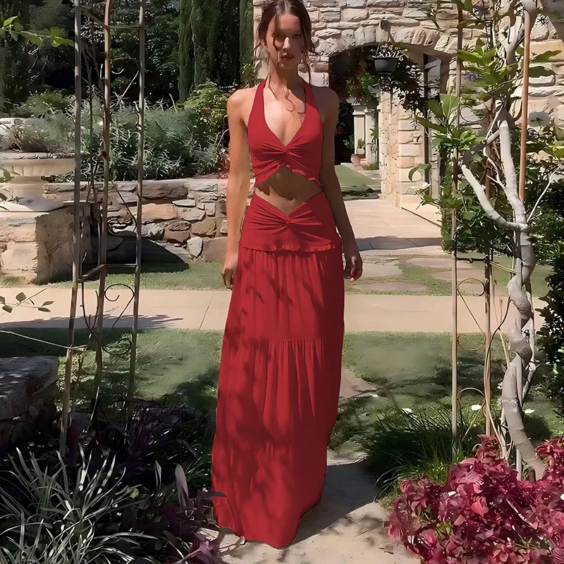 European and American Women Fashionable Summer New Style Sexy V Neck Mushroom Edge Halter Strap Detail Twisted Long Skirt
European and American Women Fashionable Summer New Style Sexy V Neck Mushroom Edge Halter Strap Detail Twisted Long Skirt