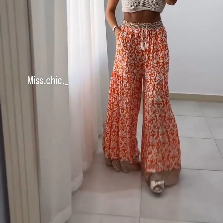 Positioning Printed High Waist Strap-up Rubber Wide Leg Pants Versatile Casual Pants Fashion Simple Temperament Elegant Holiday
Positioning Printed High Waist Strap-up Rubber Wide Leg Pants Versatile Casual Pants Fashion Simple Temperament Elegant Holiday
