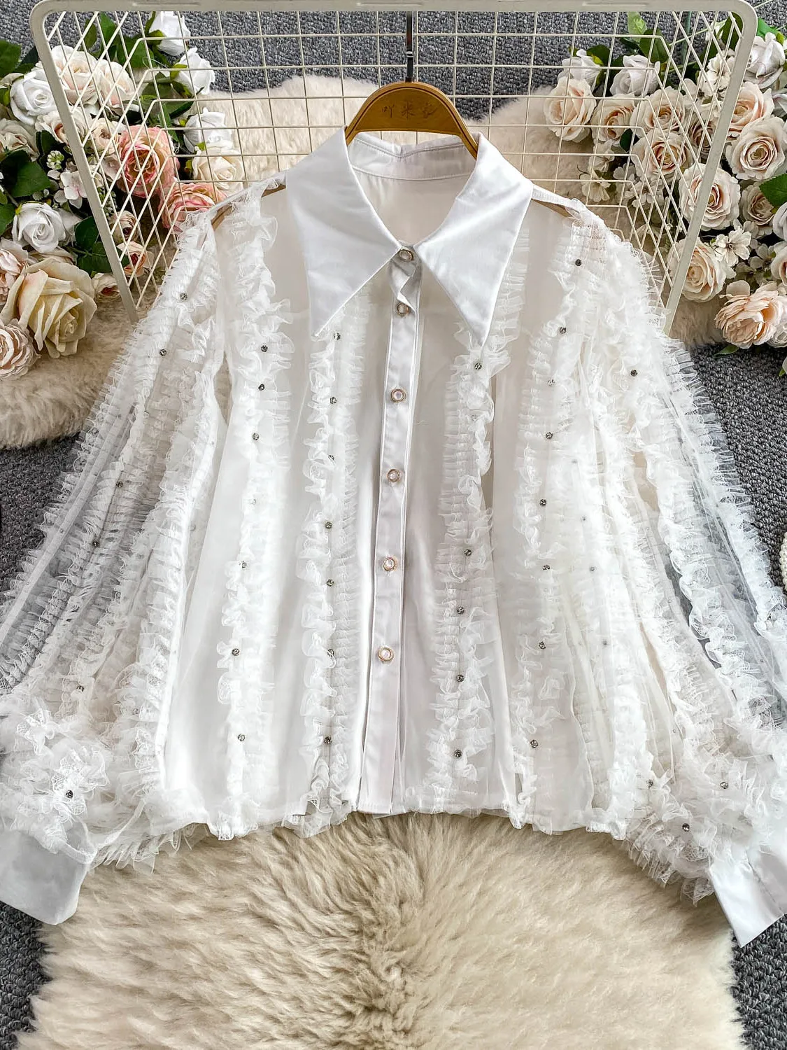 Diamond Turn-down Collar Long Sleeve Shirt for Women Autumn Mesh Patchwork with Ruffle Edge Top 
Diamond Turn-down Collar Long Sleeve Shirt for Women Autumn Mesh Patchwork with Ruffle Edge Top