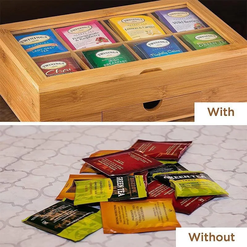 Kitchen Bamboo Tea Bag Organizer - Drawer Storage Box with Acrylic Lid, Countertop Coffee Station for Pods/Sugar 8-Compartment
Kitchen Bamboo Tea Bag Organizer - Drawer Storage Box with Acrylic Lid, Countertop Coffee Station for Pods/Sugar 8-Compartment