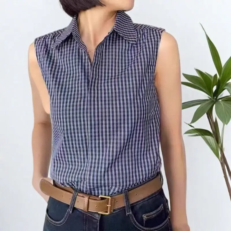 Sleeveless Plaid Shirt For Women Classic Turn Down Collar Slim Fit Casual Summer Top With Button Front Design
Sleeveless Plaid Shirt For Women Classic Turn Down Collar Slim Fit Casual Summer Top With Button Front Design