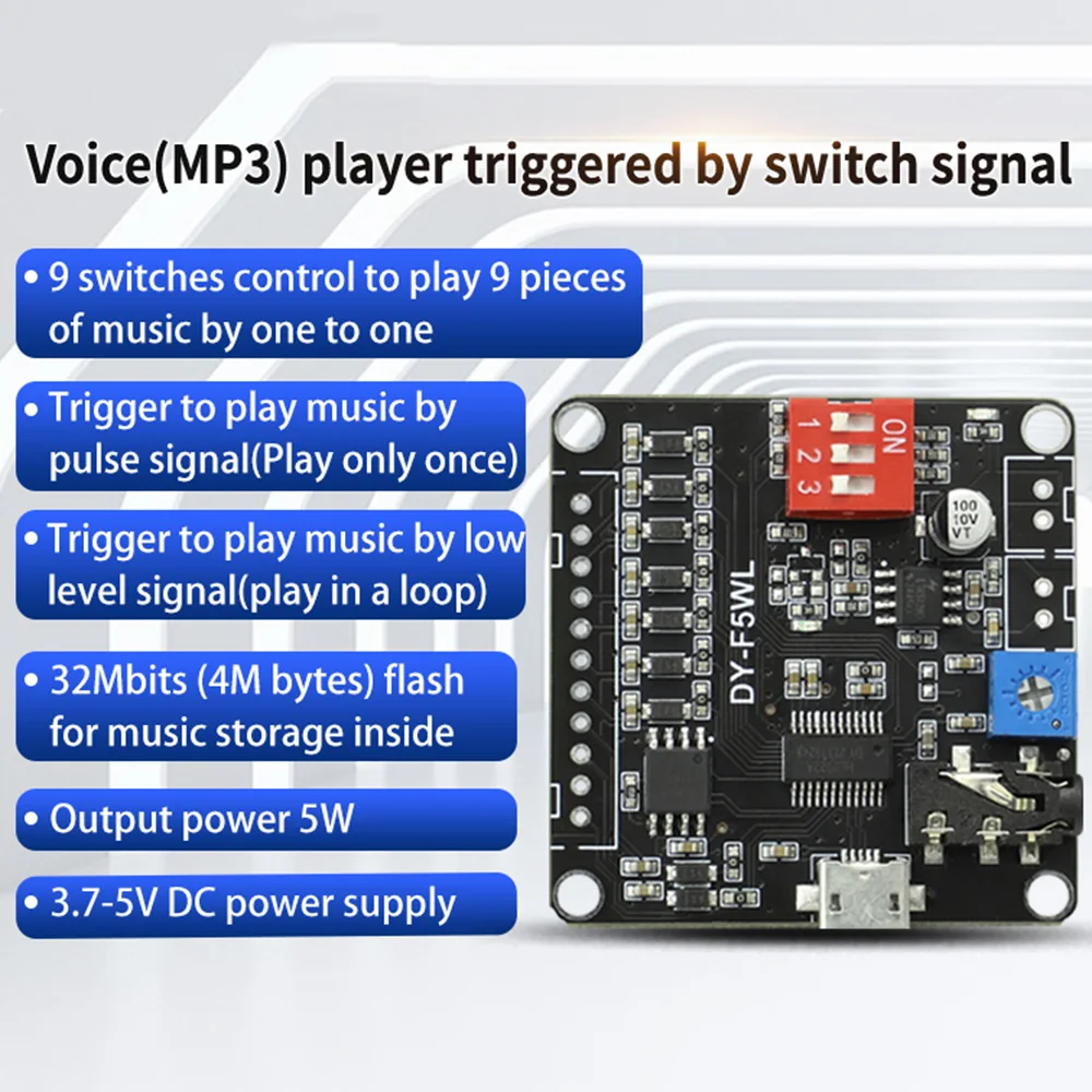 DC3.7-5V 5W MP3 Power Voice Broadcast Prompt Module Low Level Trigger Trigger 1 To 1 MP3 Playback Amplifier Class D 32MBit Flash
DC3.7-5V 5W MP3 Power Voice Broadcast Prompt Module Low Level Trigger Trigger 1 To 1 MP3 Playback Amplifier Class D 32MBit Flash