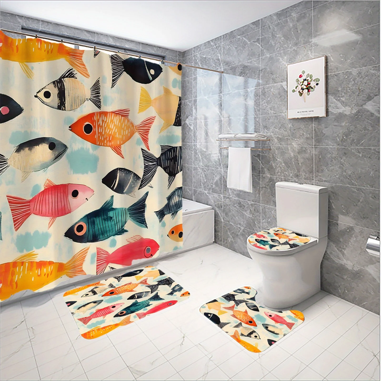 Colorful Fish Bathroom 4-Piece Set: Shower Curtain, Bath Mat, Toilet Cover, Tank Cover – Fun, Vibrant, and Playful Decor
Colorful Fish Bathroom 4-Piece Set: Shower Curtain, Bath Mat, Toilet Cover, Tank Cover – Fun, Vibrant, and Playful Decor