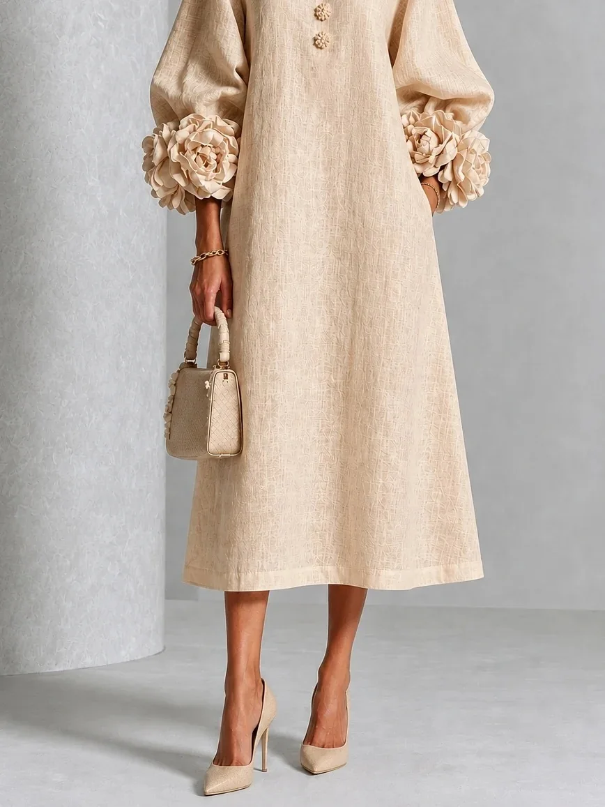 Elegant Women Linen Midi Dress O Neck 3D Floral Lantern Sleeve Button Loose Straight Long Dress Modest Casual Party Dresses 69 S542afcaa4b4e412e92378a2d05b230b6S