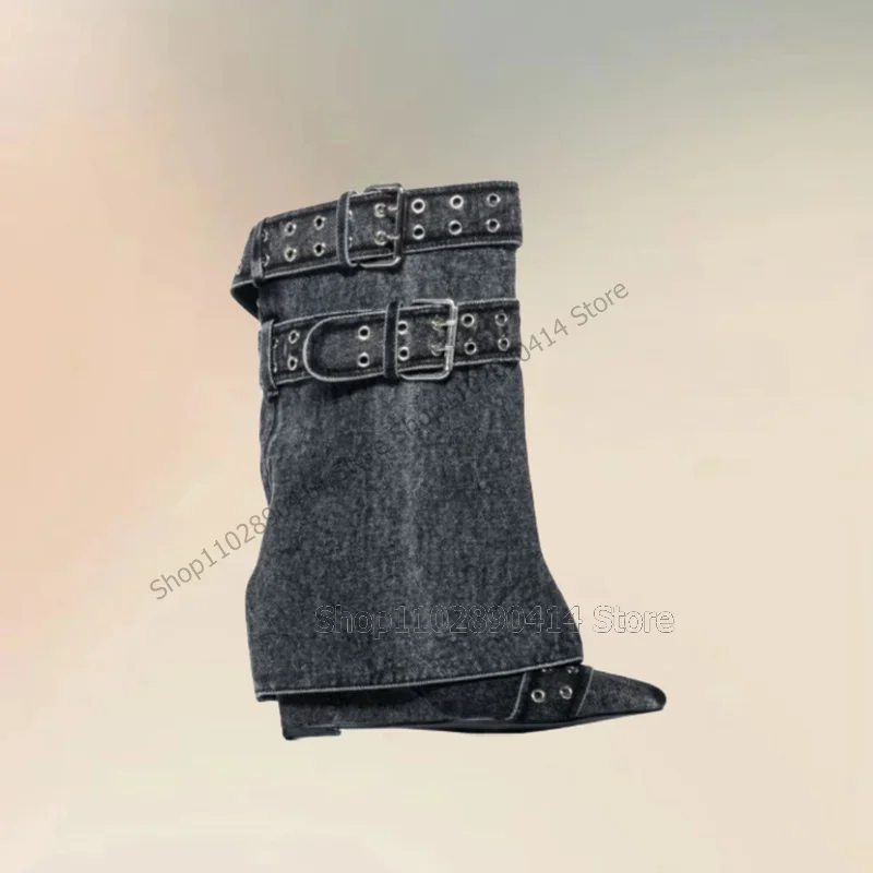Gray Denim Belt Fastener Wedges Heels Pointed Toe Boots Slip On Women Shoes Mid Calf Sexy Fashion Party 2023 Zapatos Para Mujere
Gray Denim Belt Fastener Wedges Heels Pointed Toe Boots Slip On Women Shoes Mid Calf Sexy Fashion Party 2023 Zapatos Para Mujere