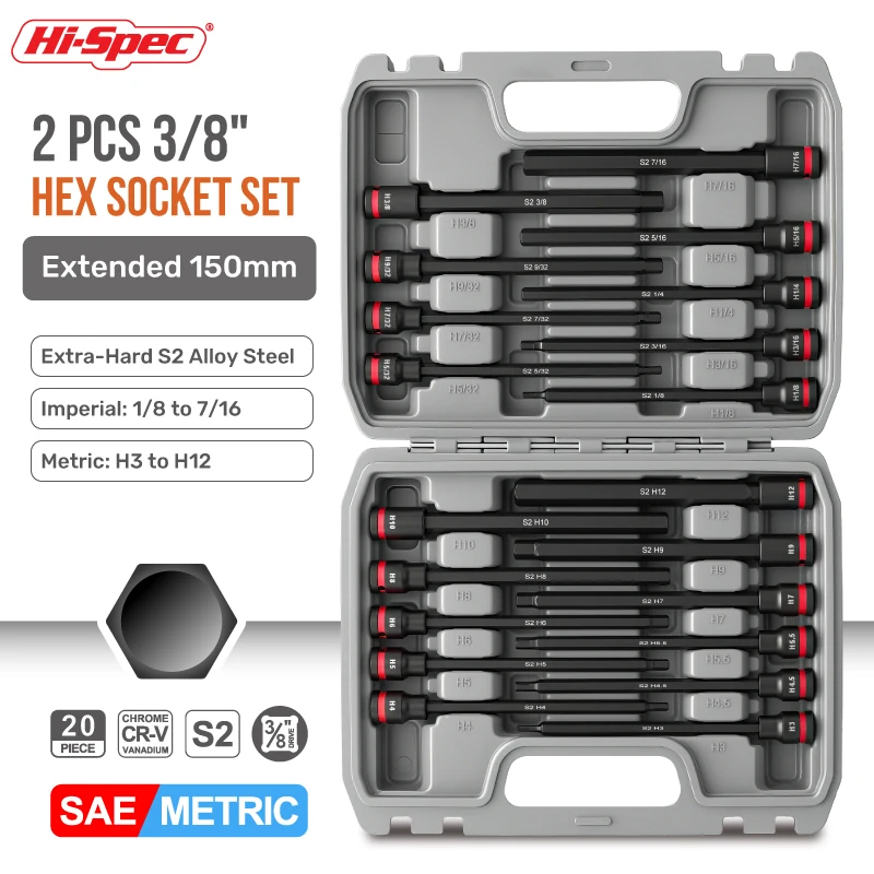 Hi-SPEC 3/8'' Extended Hex Socket Set Universal Torx Impact Socket Set S2 Bits & CR-V Sockets Hand Tools Long Imperial Metric
Hi-SPEC 3/8'' Extended Hex Socket Set Universal Torx Impact Socket Set S2 Bits & CR-V Sockets Hand Tools Long Imperial Metric