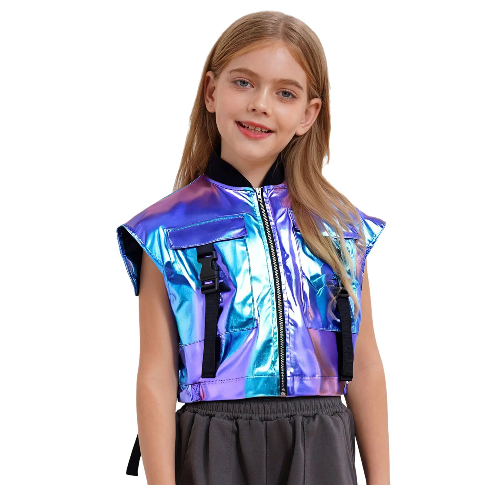 Kids Girls Hip Hop Sides Open Metallic Vest Sleeveless Zipper Shiny Jacket with Buckle Pockets for Jazz Dance Stage Performance 
Kids Girls Hip Hop Sides Open Metallic Vest Sleeveless Zipper Shiny Jacket with Buckle Pockets for Jazz Dance Stage Performance