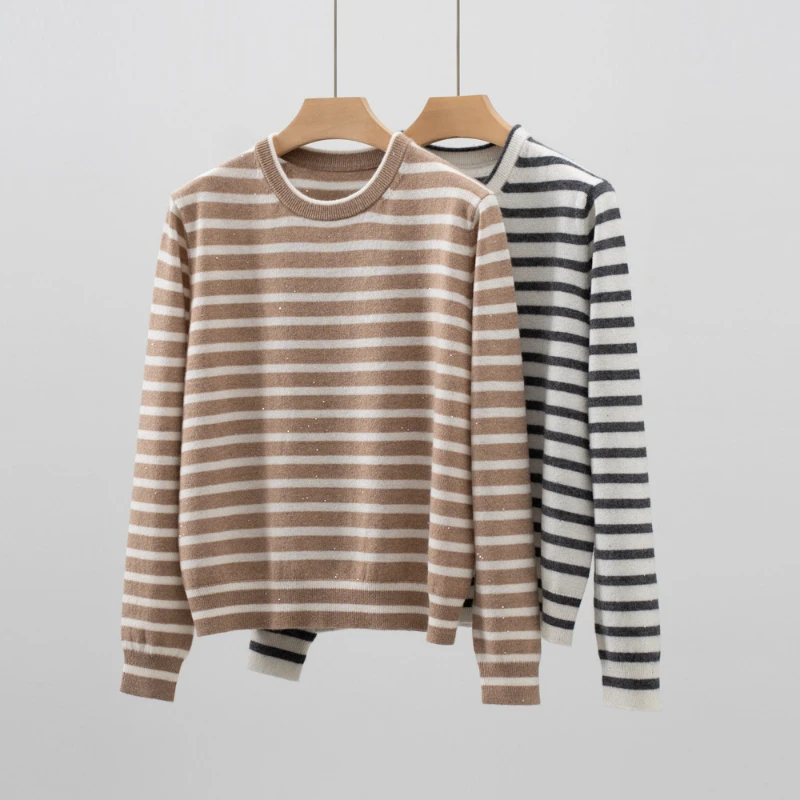 Women 2024 Autumn and Winter New Cashmere Wool Sequin Striped Long-sleeved Round Neck Casual Sweater
Women 2024 Autumn and Winter New Cashmere Wool Sequin Striped Long-sleeved Round Neck Casual Sweater