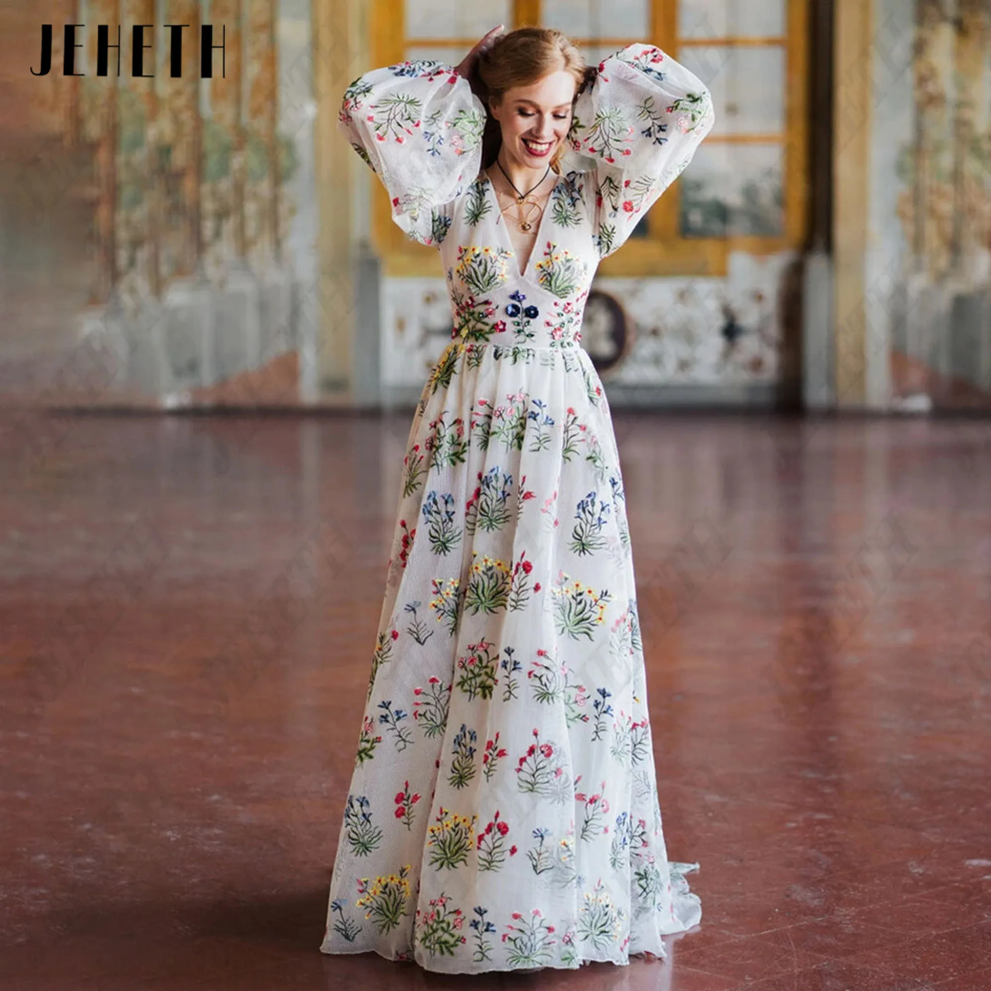 JEHETH Floral A-Line Prom Dress Flowers Embroidery Deep V-Neck Puff Sleeves Pastrol Party Gowns Tulle Formal Occasion Dresses
JEHETH Floral A-Line Prom Dress Flowers Embroidery Deep V-Neck Puff Sleeves Pastrol Party Gowns Tulle Formal Occasion Dresses