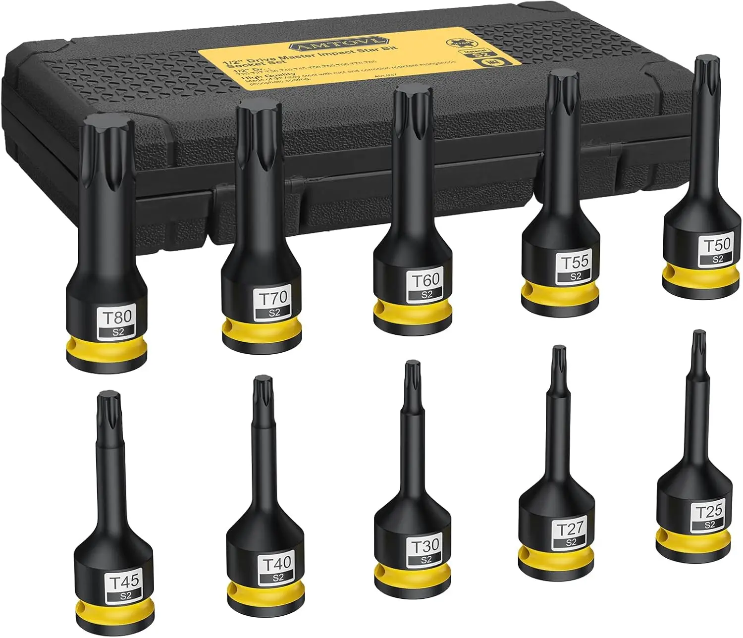 Impact Torx Bit Socket Set - 1/2" Drive, S2 Steel, 10PCS Star Sockets, Star Bit Socket T25-80 with Storage Case for Repair
Impact Torx Bit Socket Set - 1/2" Drive, S2 Steel, 10PCS Star Sockets, Star Bit Socket T25-80 with Storage Case for Repair