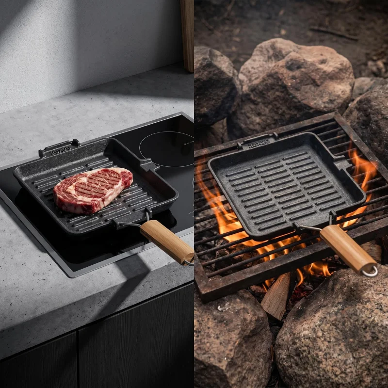 Foldable wooden handle Square and round grilling pans for induction cookers, universal use Cast iron skillet Evenly heated Strip
Foldable wooden handle Square and round grilling pans for induction cookers, universal use Cast iron skillet Evenly heated Strip