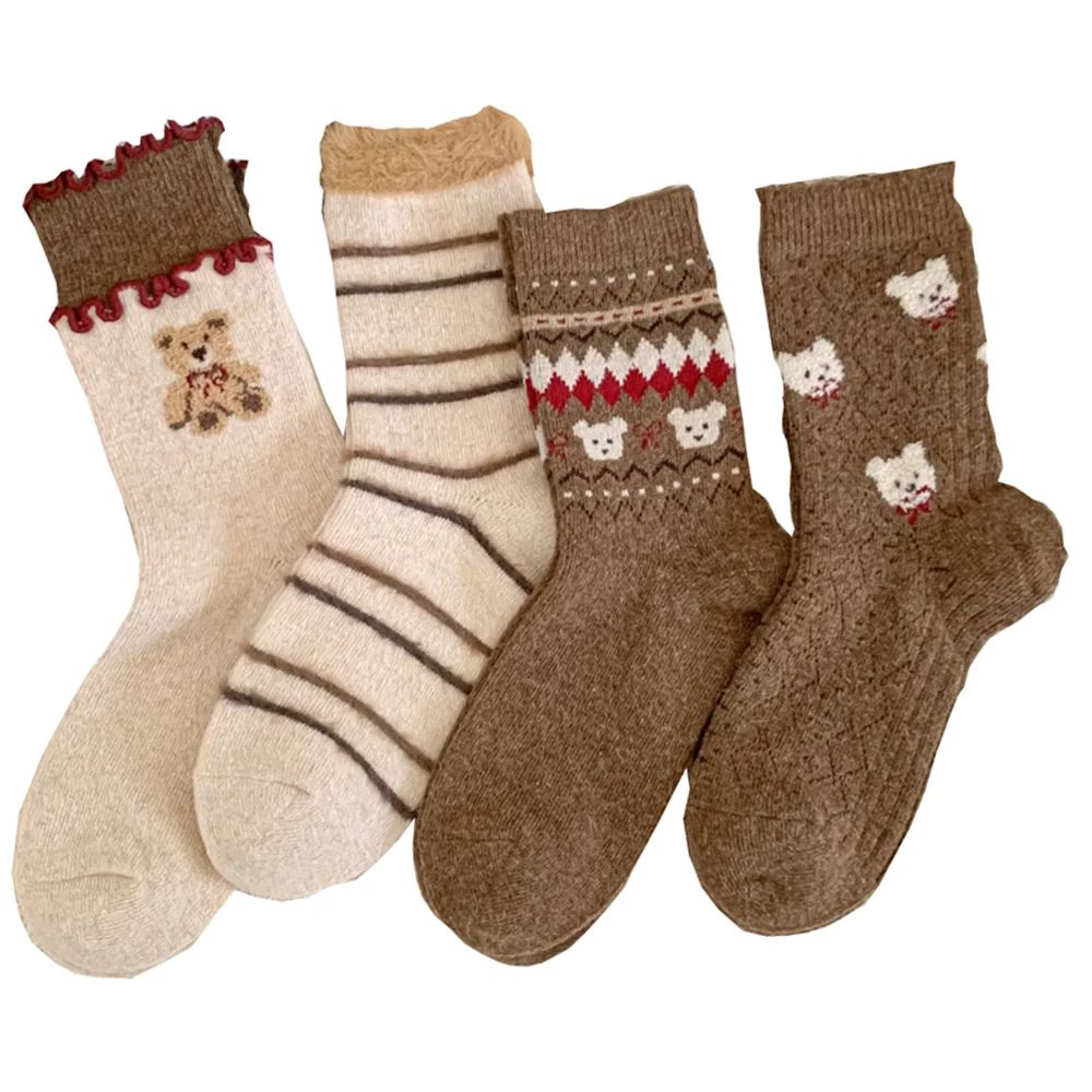 4 Pairs Happy Cartoon Bear Wool Socks For Women Winter Keep Warm Cute Ruffled Edge Fashion Stripes Daily Street Style Socks Lady
4 Pairs Happy Cartoon Bear Wool Socks For Women Winter Keep Warm Cute Ruffled Edge Fashion Stripes Daily Street Style Socks Lady
