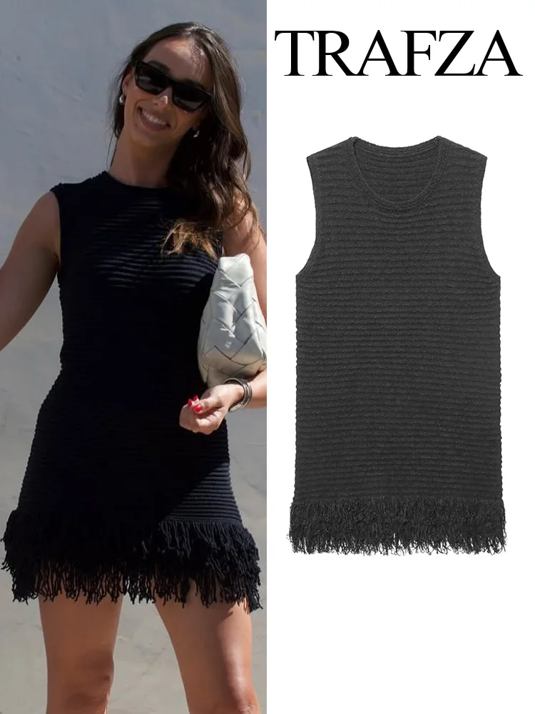 TRAFZA Women's Summer New Fashion Crew Neck Fringed Plaid Decorated Knitted Dress Female Elegant Sexy Slim Sleeveless Mini Dress
TRAFZA Women's Summer New Fashion Crew Neck Fringed Plaid Decorated Knitted Dress Female Elegant Sexy Slim Sleeveless Mini Dress