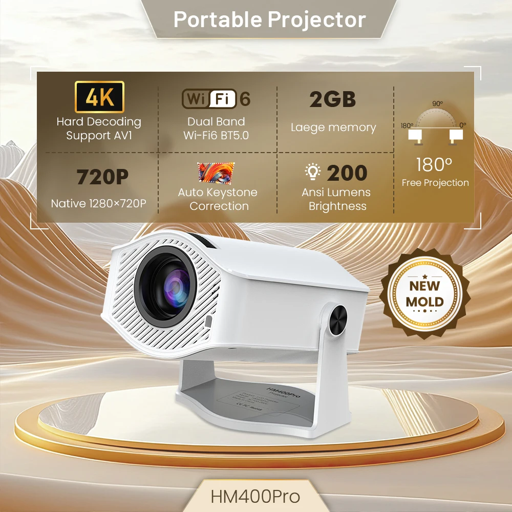 Smart Mini Projector HM400 Pro Android 11 WiFi6 Support 4K Projector 2.4G5G WiFi 1280*720P Smart Home Theater Portable Projector
Smart Mini Projector HM400 Pro Android 11 WiFi6 Support 4K Projector 2.4G5G WiFi 1280*720P Smart Home Theater Portable Projector