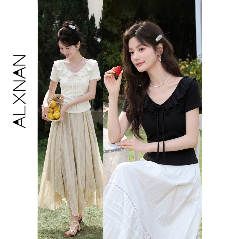 ALXNAN Women's T-shirt Summer Elegant Ruffled V-neck Short Sleeve T-shirts Fashion Casual Loose-fit Cotton Tees Ladies L62851A-1
ALXNAN Women's T-shirt Summer Elegant Ruffled V-neck Short Sleeve T-shirts Fashion Casual Loose-fit Cotton Tees Ladies L62851A-1