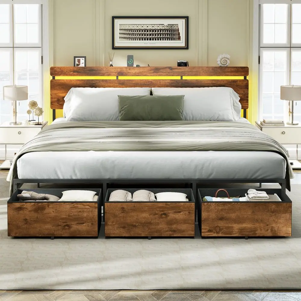 King Size Bed Frame with Wood Headboard, Metal Platform Bed with 3 Storage Drawers amp Shelf, Builtin Charging Station amp LED
King Size Bed Frame with Wood Headboard, Metal Platform Bed with 3 Storage Drawers amp Shelf, Builtin Charging Station amp LED