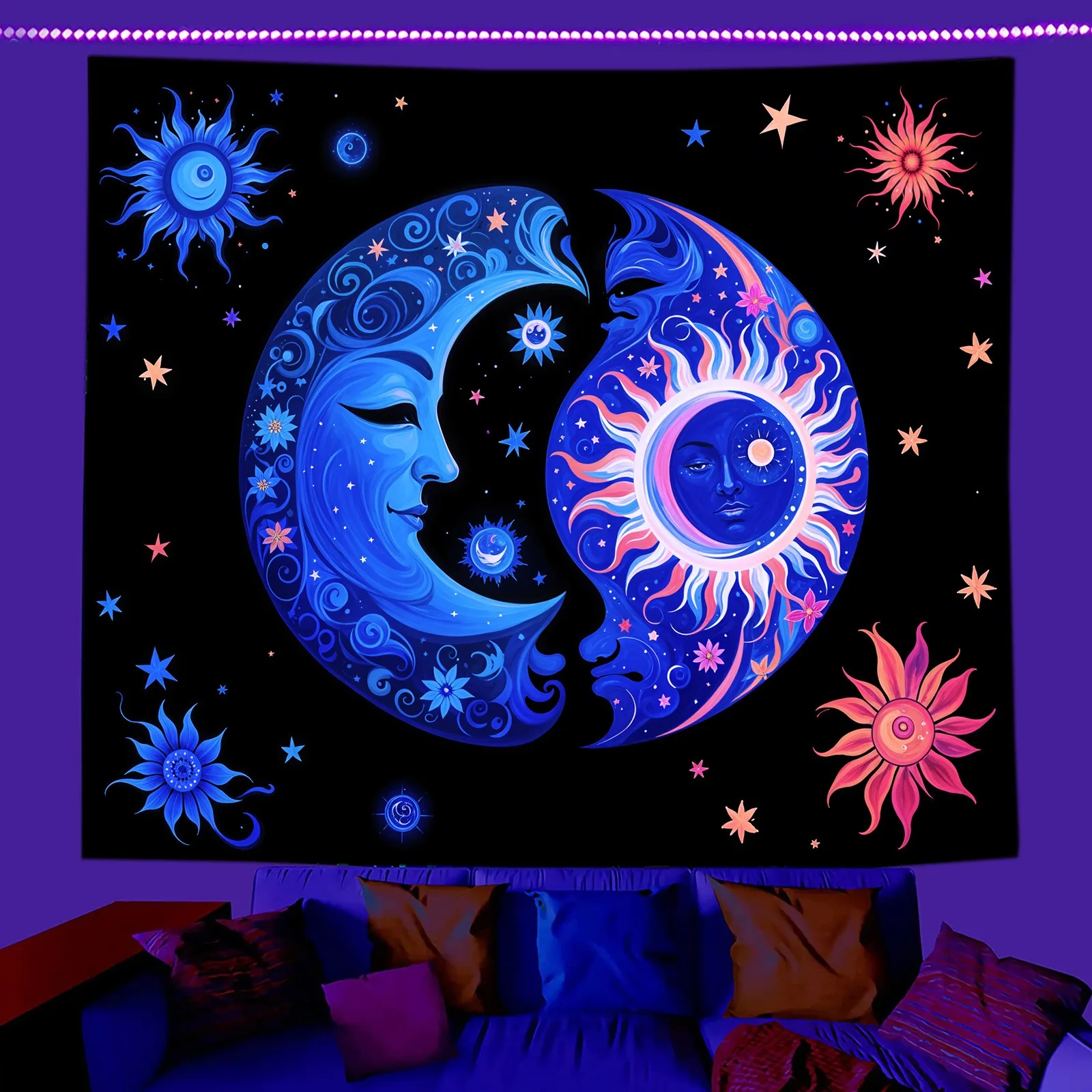 Blacklight Sun Moon Tapestry UV Reactive Celestial Face Wall Hanging Peach Skin 2D Printed Psychedelic Aesthetic Room Decor
Blacklight Sun Moon Tapestry UV Reactive Celestial Face Wall Hanging Peach Skin 2D Printed Psychedelic Aesthetic Room Decor