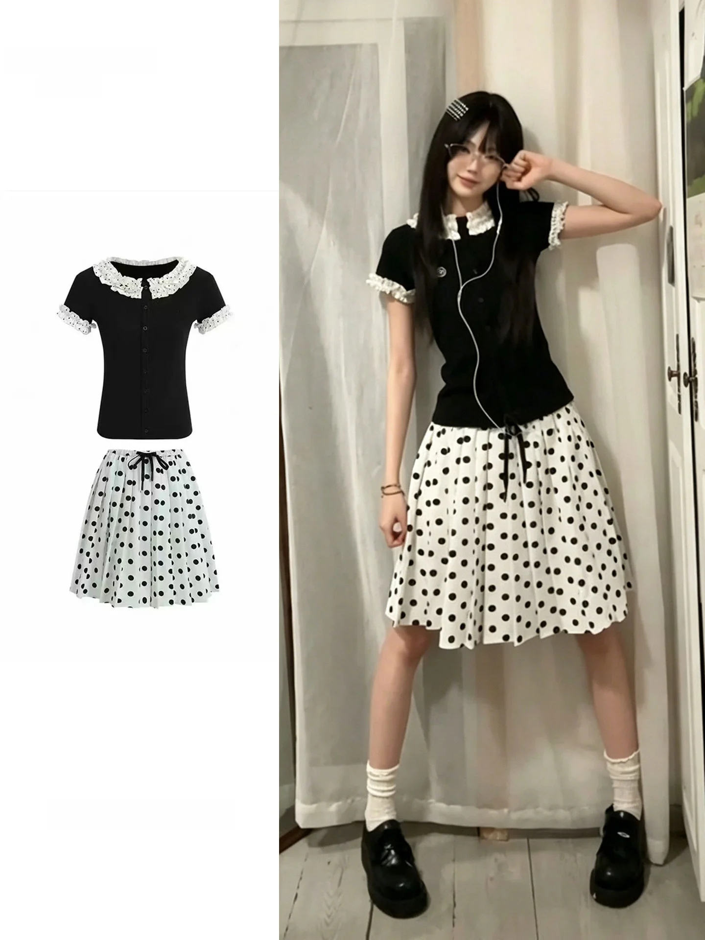 Black Knitted Floral Lace Sleeve T-Shirt And Polka Dot Skirt Set Women's Summer Fashion Retro College Style Outfit plus Size
Black Knitted Floral Lace Sleeve T-Shirt And Polka Dot Skirt Set Women's Summer Fashion Retro College Style Outfit plus Size